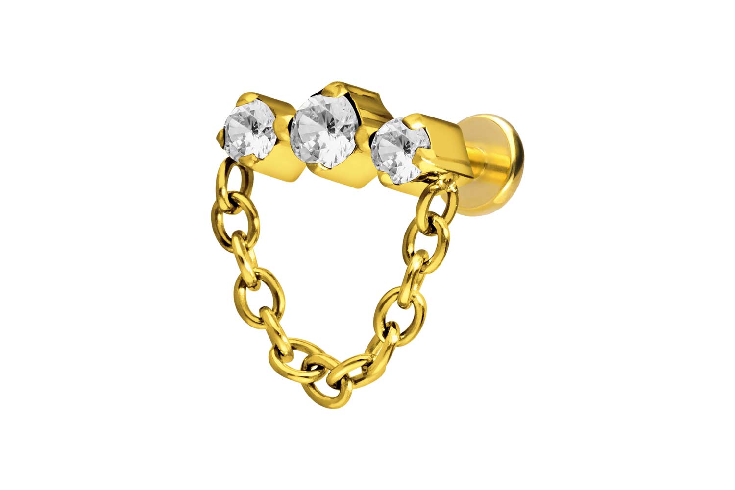 Titan Labret Piercing mit Push Fit 3 EINGEFASSTE KRISTALLE + KETTE